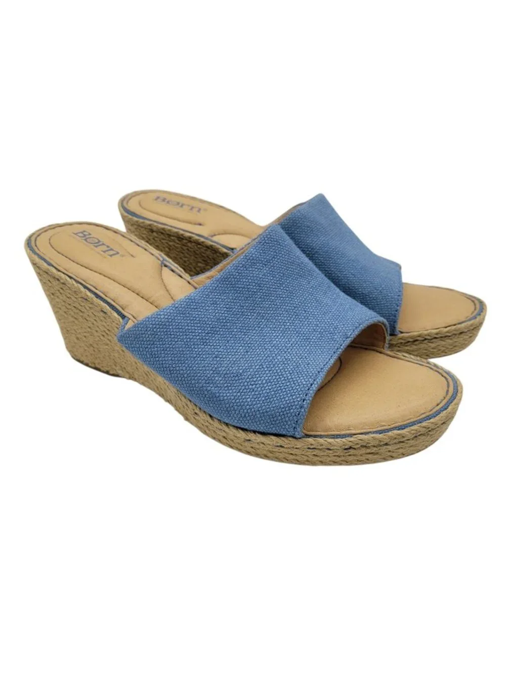 Born Missoula Wedge Heel Espadrille Sandals Blue Sz 9 Fabric Upper Leather Lined